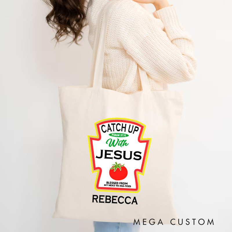 Personalized Catch Up with Jesus Canvas Tote Bag with Name Christian Matthew 37:4 Bible Verse Bag Fun Tomato Jesus Bag Christian Gift for Jesus Lover