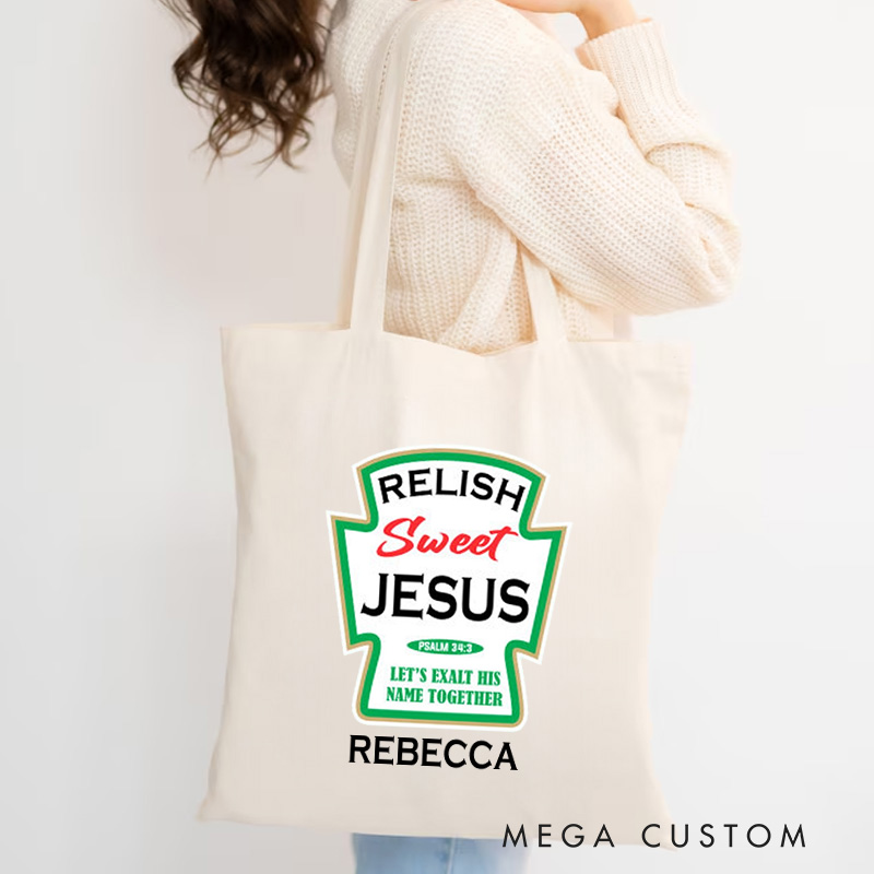 Personalized Relish Sweet Jesus Canvas Tote Bag with Name Christian Matthew 34:3 Bible Verse Tote Bag Pickle Bottle Jesus Tote Bag Jesus Lover Gift
