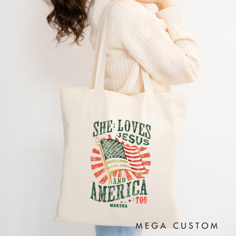 Personalized She Loves Jesus and America Too Christian Canvas Tote Bag with Name Jesus Aesthetic Tote Bag Religious Patriotic Gift for Jesus Lovers