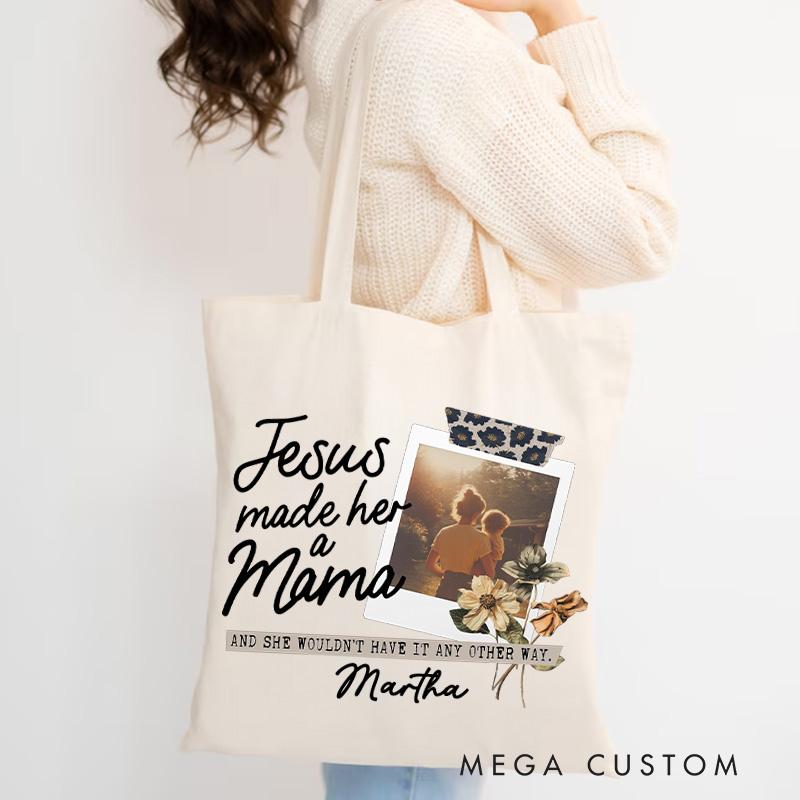 Personalized Jesus Made Her A Mama Christian Canvas Tote Bag with Name Custom Picture Mom Tote Bag Gift for Jesus Lovers Mother's Day Gift