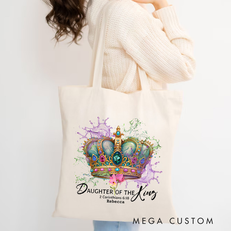Personalized Daughter of the King Canvas Tote Bag with Name 2 Corinthians 6:18 Bible Verse Tote Bag Christian Warrior Princess Tote Bag Gift for Her