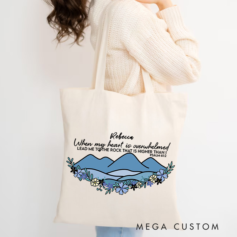 Personalized When My Heart is Overwhelmed Canvas Tote Bag with Name Christian 2 Psalm 61:2 Bible Verse Tote Bag Christian Gift Faith Based Gift
