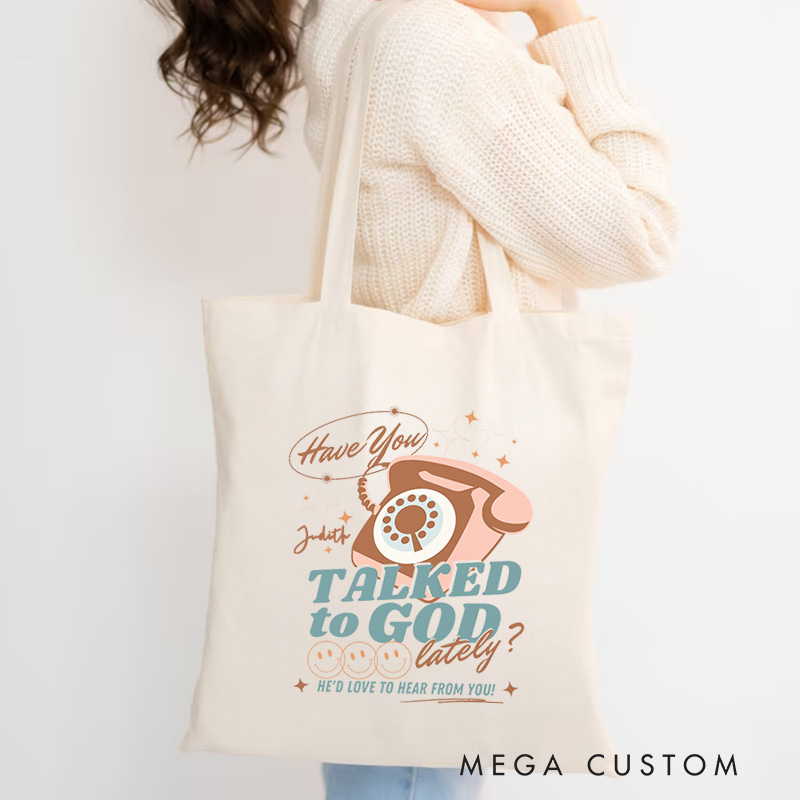 Personalized Have You Talked to God Lately Christian Canvas Tote Bag with Name Retro Telephone Tote Bag Jesus Bag Christian Gift for Jesus Lovers