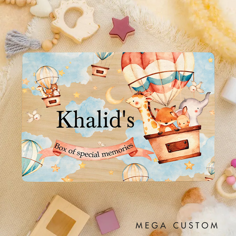Personalized Hot Air Balloon Animal Adventure Keepsake Memory Box Baptism Gift Birth Present
