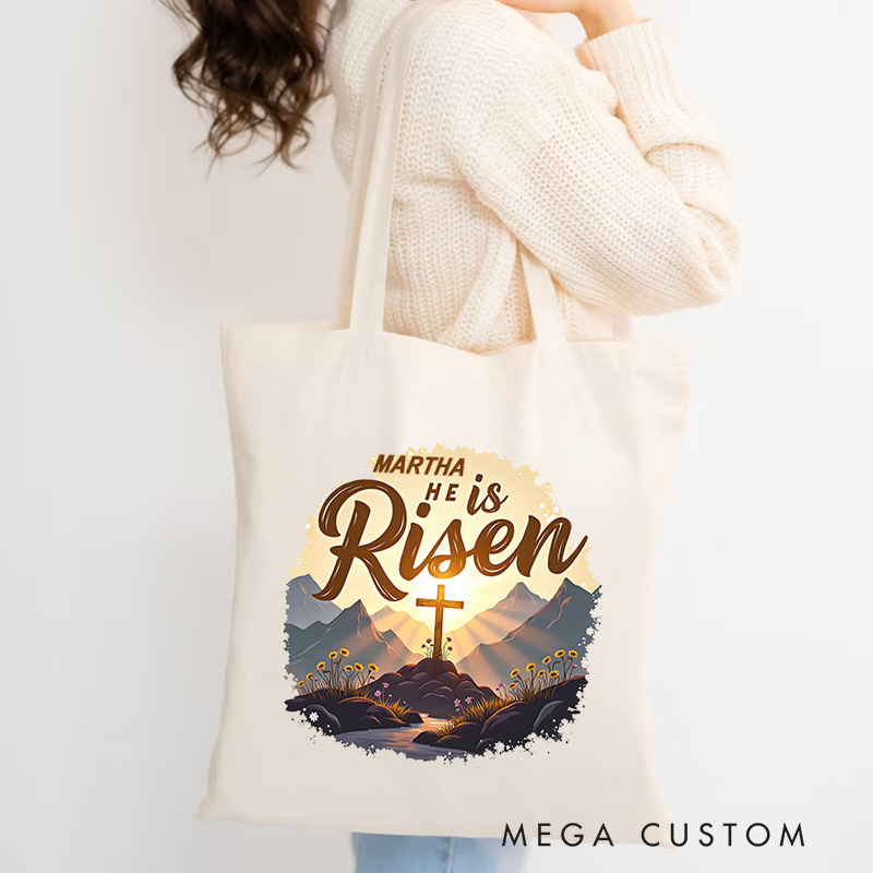 Personalized He is Risen Glory Christian Canvas Tote Bag with Name Radiant Resurrection Cross in Mountain Tote Bag Christian Gift Easter Gift 