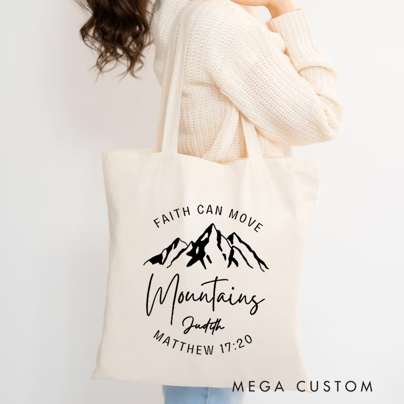 Personalized Faith Can Move Mountains Canvas Tote Bag with Name Christian Matthew 17:20 Bible Verse Tote Bag Faith Tote Bag Christian Gift Faith Gift