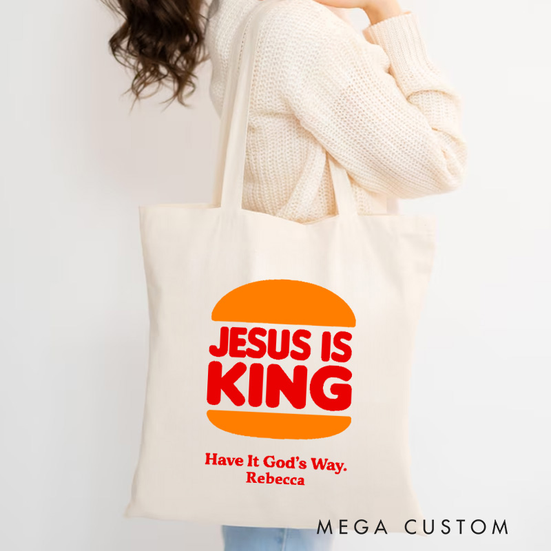 Personalized Jesus is King Christian Canvas Tote Bag with Name Fun Burger Jesus Tote Bag Faith Tote Bag Religious Gift Christian Gift for Jesus Lovers