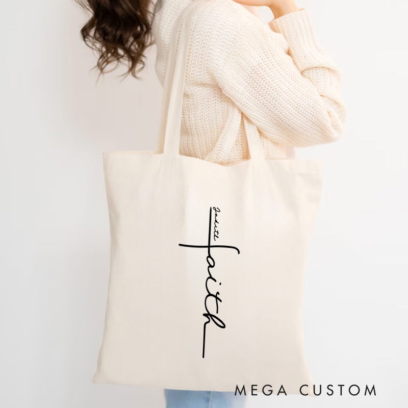 Personalized Faith Cross Christian Canvas Tote Bag with Name Cursive Faith Handwritten as A Cross Tote Bag Faith Tote Bag Christian Gift Faith Gift