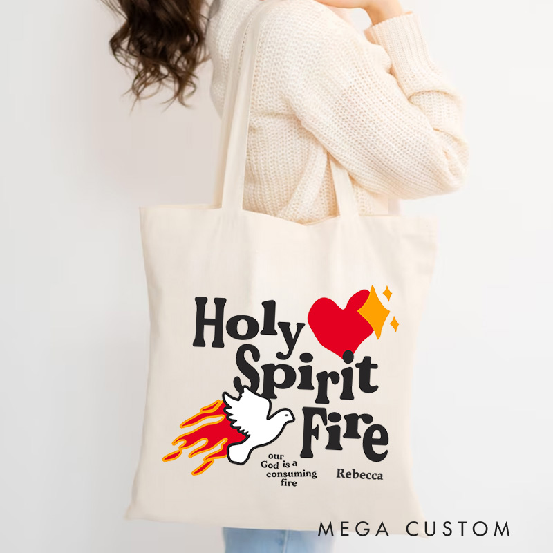 Personalized Holy Spirit Fire Christian Canvas Tote Bag with Name Our God is A Consuming Fire Tote Bag Dove Tote Bag Christian Gift Faith Based Gift