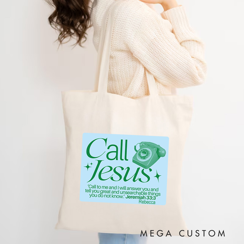 Personalized Call Jesus Canvas Tote Bag with Name Christian Jeremiah 33:3 Bible Verse Tote Bag Retro Telephone Tote Bag Christian Gift for Jesus Lover
