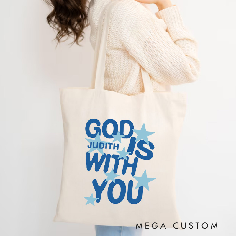 Personalized God Is with You Christian Canvas Tote Bag with Name Star with God Tote Bag God Tote Bag Religious Gift Christian Gift for Jesus Lovers