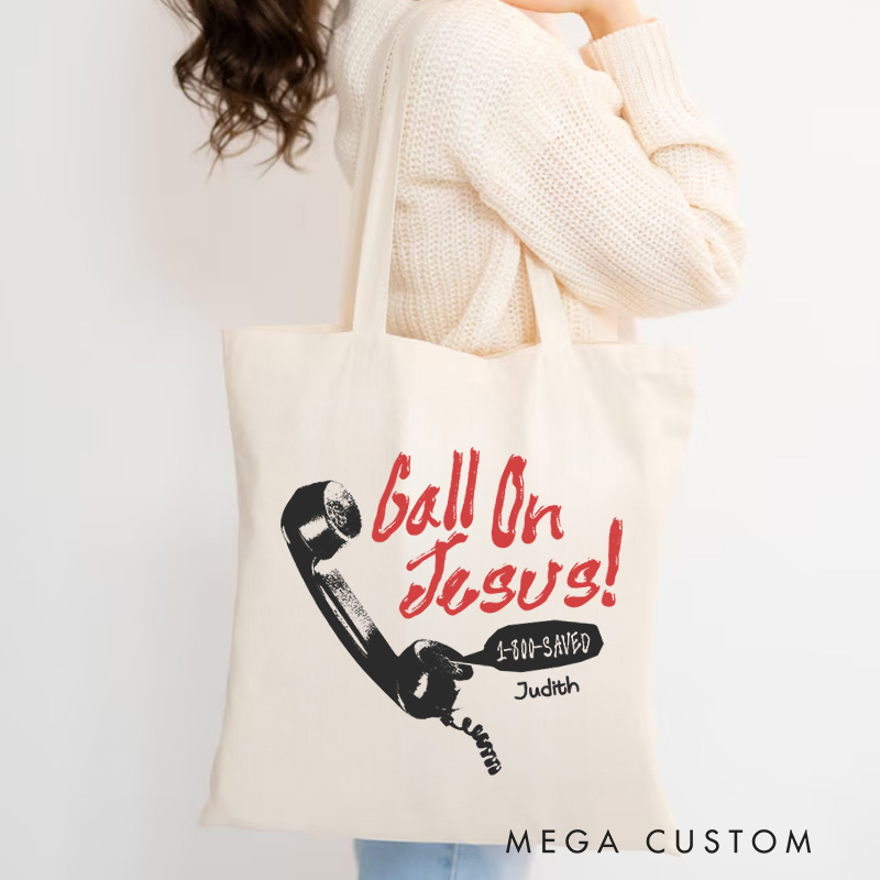Personalized Call on Jesus Christian Canvas Tote Bag with Name Retro Telephone Tote Bag Jesus Tote Bag Religious Gift Christian Gift for Jesus Lovers