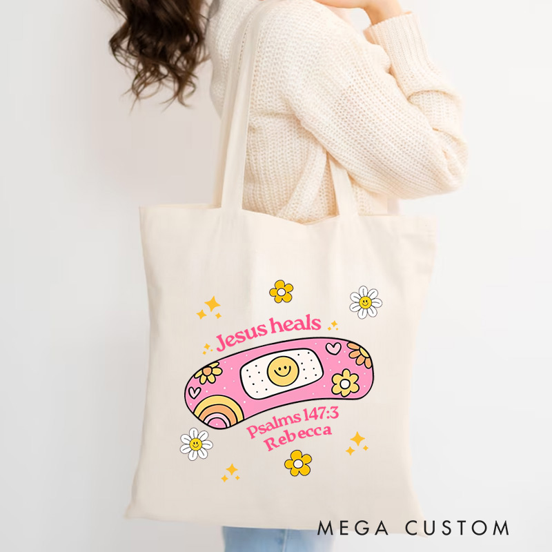 Personalized Jesus Heals Canvas Tote Bag with Name Christian Psalms 147:3 Bible Verse Tote Bag Cute Bandage Tote Bag Christian Gift for Jesus Lover