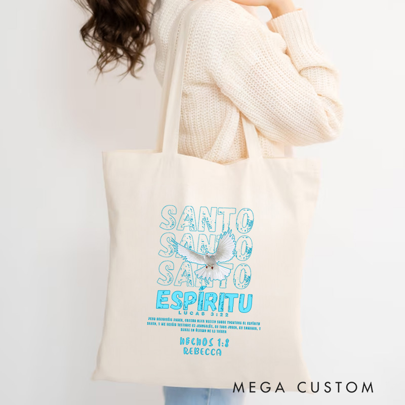 Personalized Santo Espíritu Holy Spirit Canvas Tote Bag with Name Christian Acts 1:8 Bible Verse Tote Bag Dove Tote Bag Religious Faith Based Gift