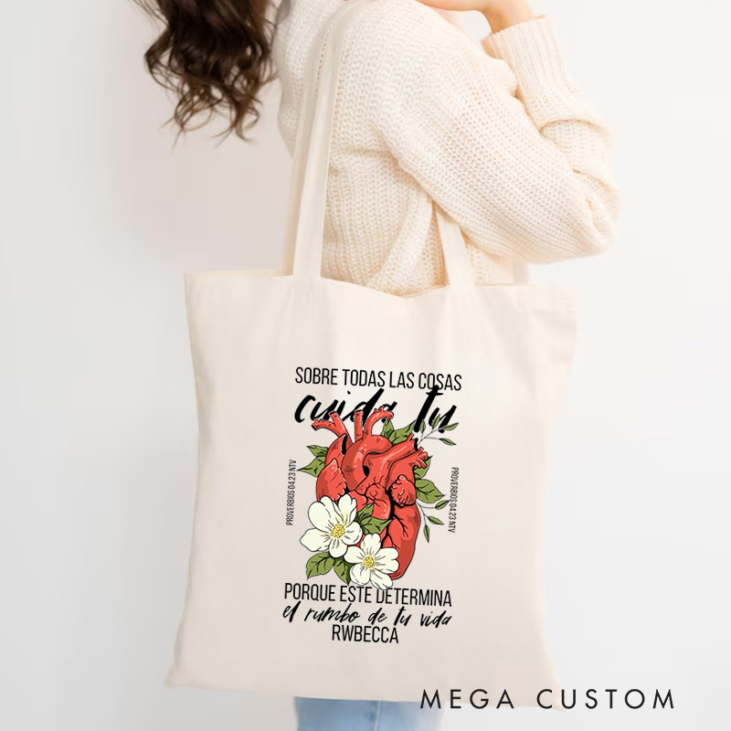 Personalized Above All Else Guard Your Heart Canvas Tote Bag with Name Christian Proverbs 4:23 Bible Verse Tote Bag Heart and Flowers Tote Bag Gift