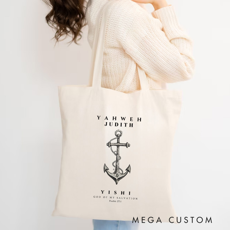 Personalized Yahweh Yishi The Lord is My Salvation Canvas Tote Bag with Name Christian Psalm 27:1 Bible Verse Tote Bag Vintage Anchor Tote Bag Gift