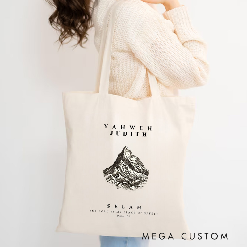 Personalized The Lord is My Place of Safety Canvas Tote Bag with Name Christian Psalm 18:2 Bible Verse Tote Bag Mountain Jesus Tote Bag Religious Gift
