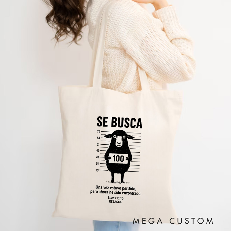 Personalized Se Busca Wanted Canvas Tote Bag with Name Christian Lucas 15:10 Bible Verse Tote Bag Once I was Lost But Now I am Found Sheep Tote Bag
