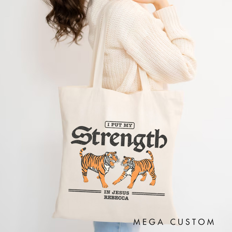 Personalized I Put My Strength in Jesus Canvas Tote Bag with Name Vintage Tigers Tote Bag Jesus Tote Bag Religious Gift Christian Gift for Jesus Lovers