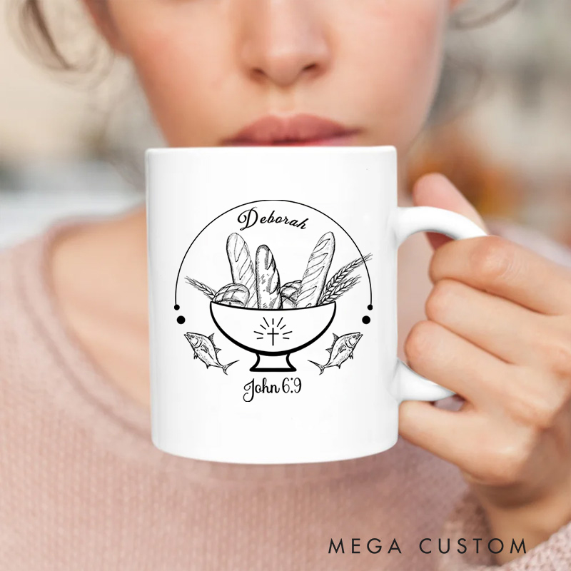 Personalized John 6:9 Bible Verse Ceramic Mug with Name Birthday Gift for Christian Positive Affirmation Religious Gift for Christian