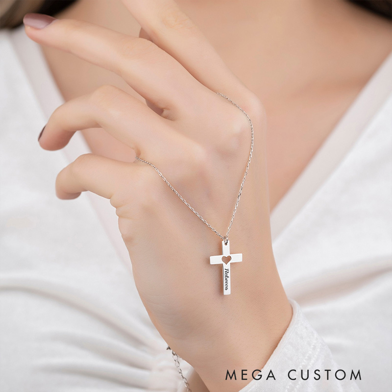 Personalized Heart Cross Name Pendant Necklace for Women Religious Jewelry Christening Baptism Gift for Women Christian Gift for Her Mom Wife