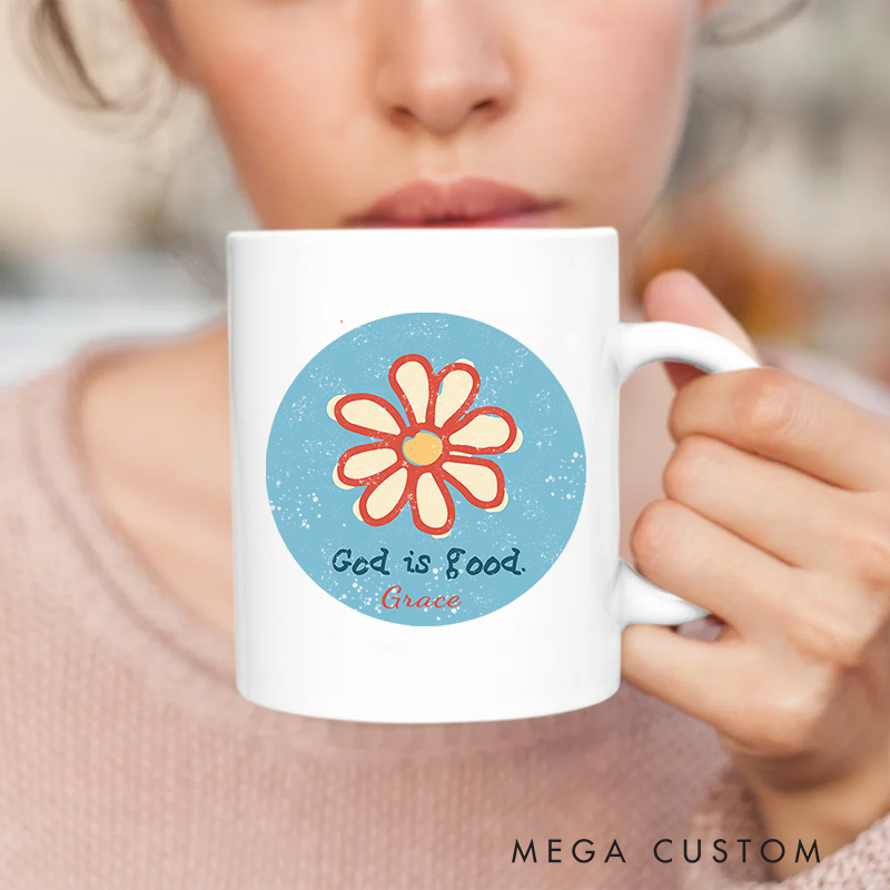 Personalized Flower God is Good Bible Verse Ceramic Mug with Name Christmas Gift for Christians Birthday Gift for Christians