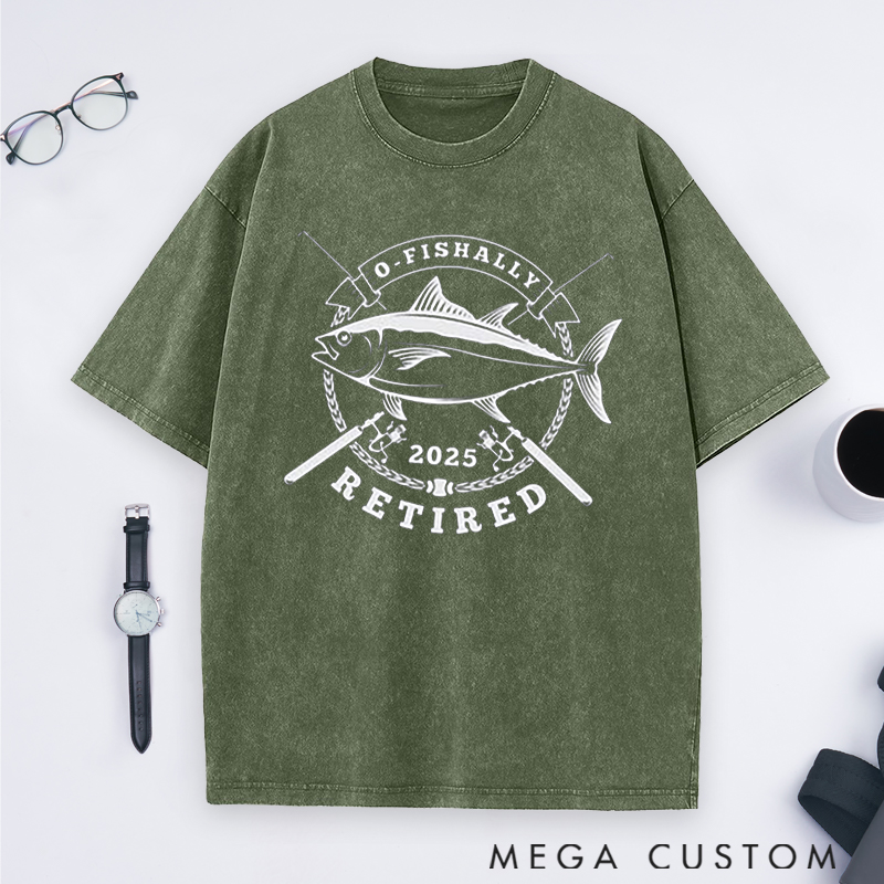 Personalized Fishing O-Fishally Retired Washed T-Shirt Great Retirement Gift for Fishing Lover Dad Grandpa
