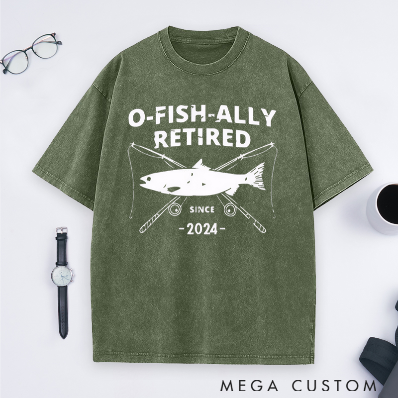 Personalized O-Fish-Ally Retired Washed T-Shirt Fun Retirement Gift for Fishing Lovers