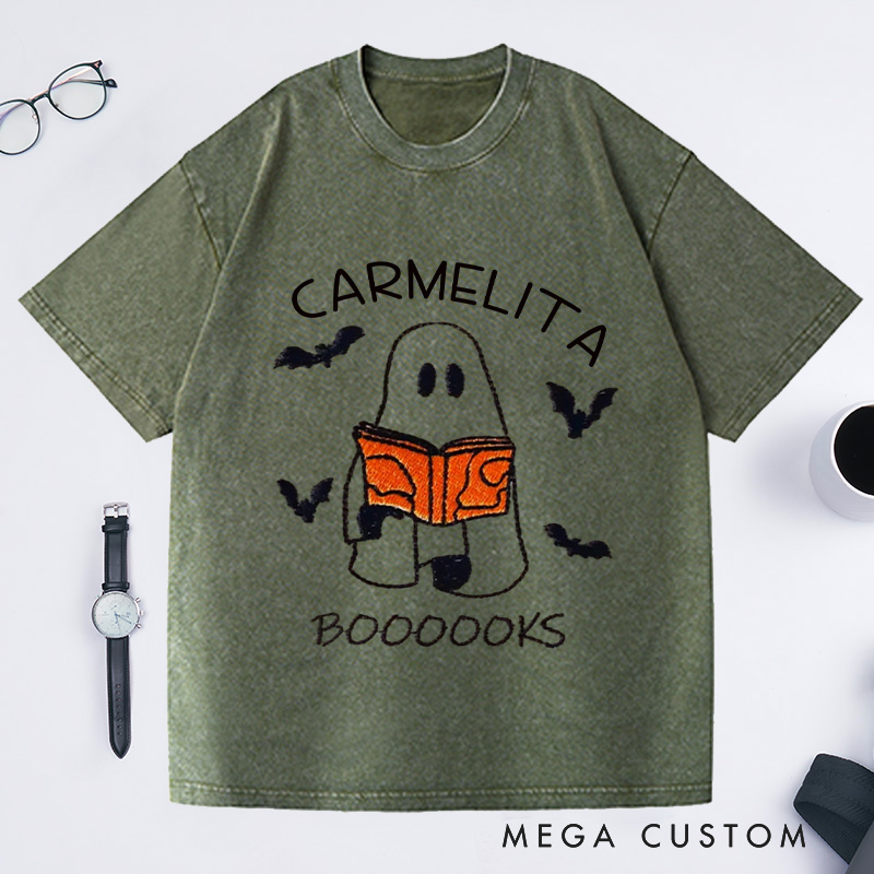 Personalized Booooks Washed T-Shirts Librarian Shirt Halloween Book Shirt Ghost Reading Shirt Reading Halloween Gift for Book Lover Shirt