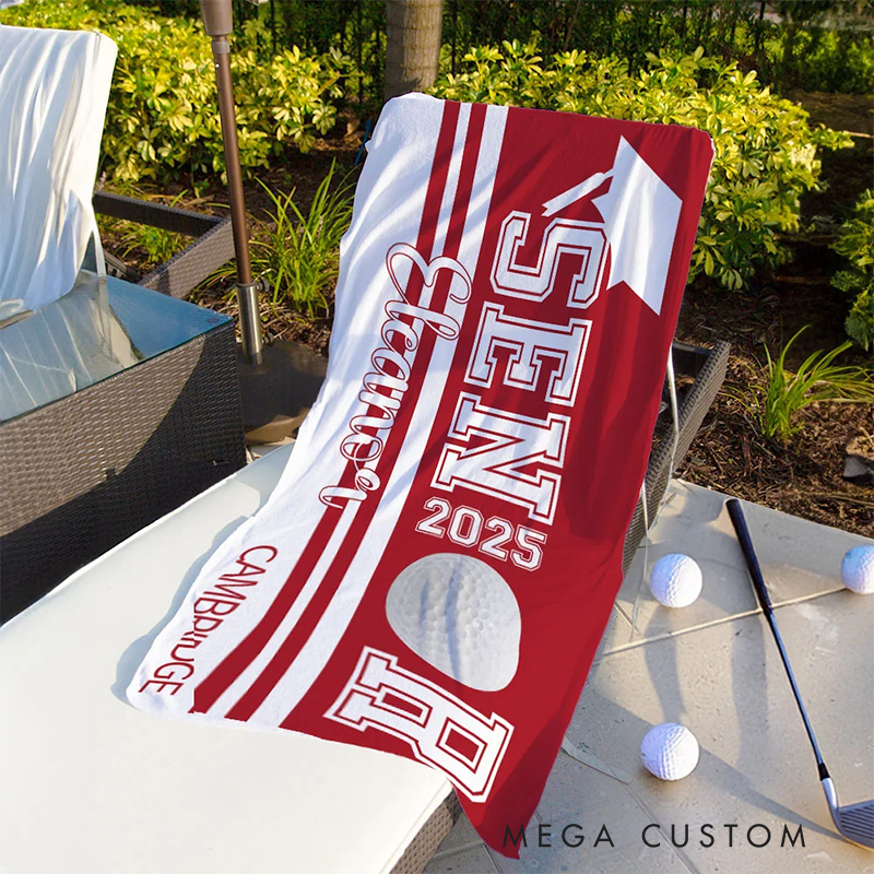 Personalized Senior Graduation Beach Towel with Custom Year Name Sports Theme and School Design