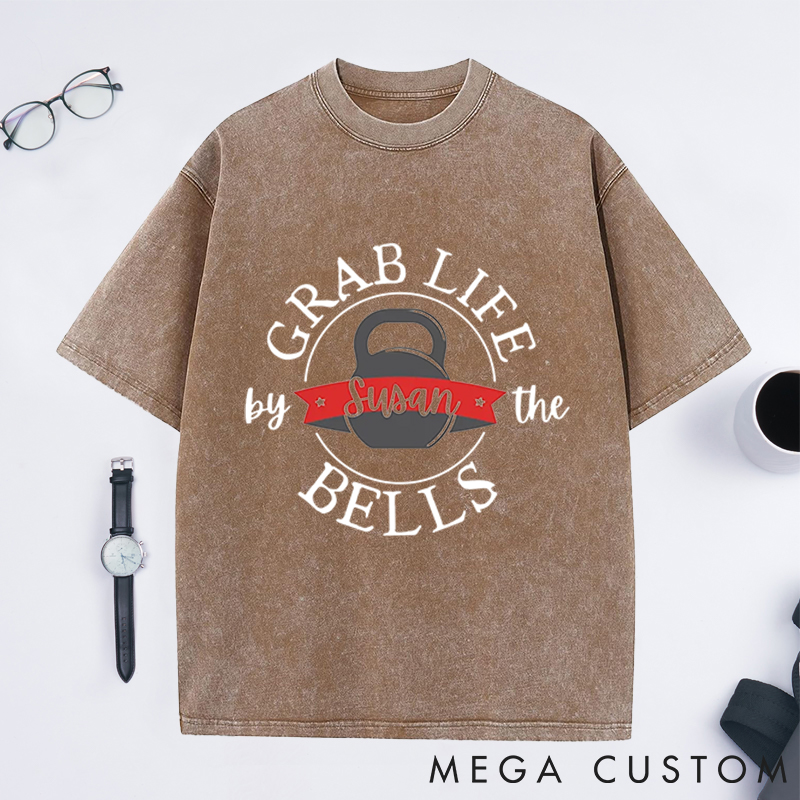 Personalized Kettlebell Washed T-Shirts with Motivational Grab Life by the Bells Design for Fitness Enthusiasts Bodybuilders and Gym Lovers