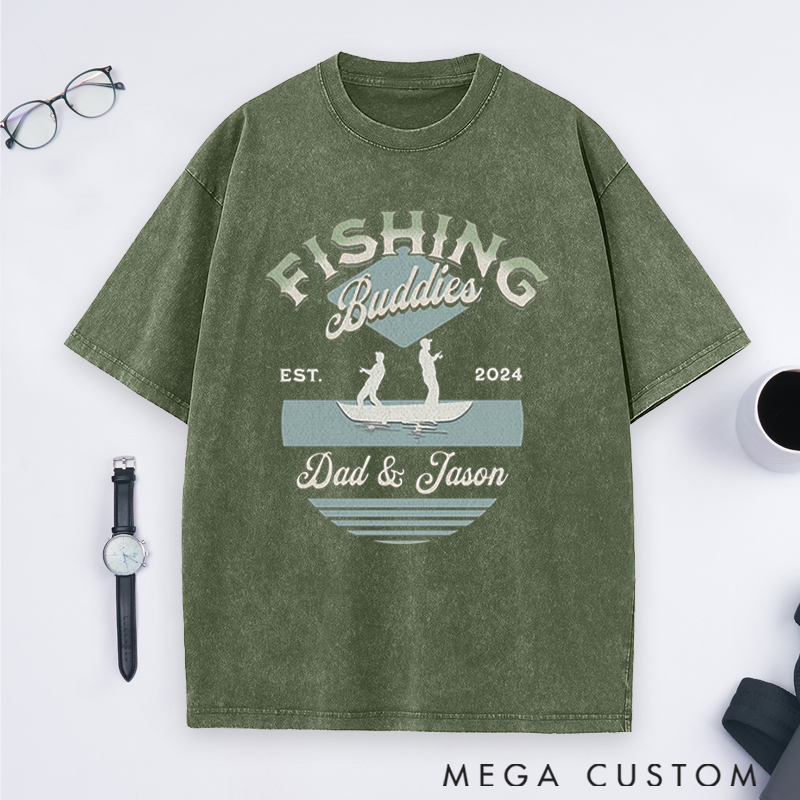 Personalized Fishing Buddies Washed T-Shirt with Father and Child Silhouette for Fishing Enthusiast