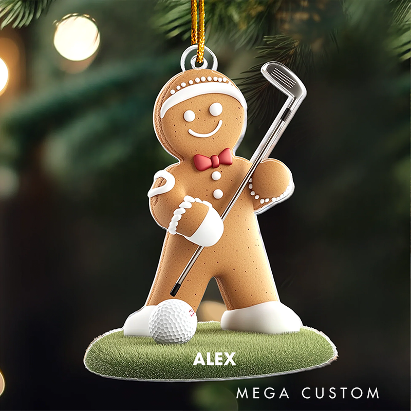 Personalized Gingerbread Golfer Christmas Ornament with Custom Name and Golf Themed Design