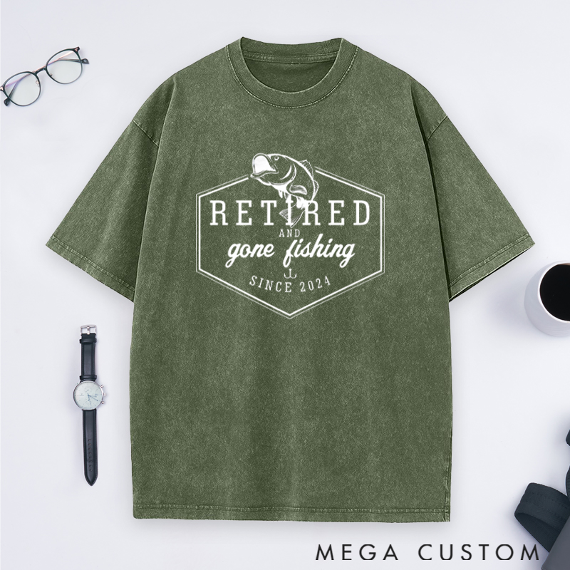 Personalized Retired and Gone Fishing Washed T-Shirt Retirement Gift for Fishing Outdoors Lover