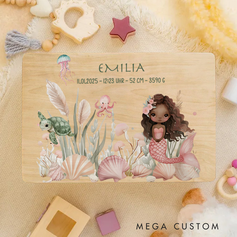 Personalized Mermaid Illustration Featuring Birth Details Surrounded by Whimsical Floral Accents Keepsake Memory Box