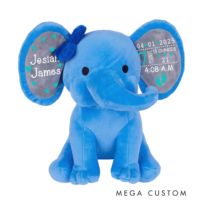 Personalized Baby Birth Stats with Hearts and Footprints for Cherished Memories Elephant Keepsake