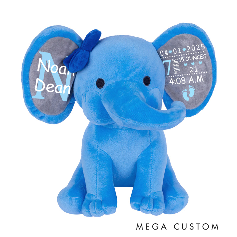 Personalized Baby Name Birth Details with Hearts and Footprints for a Cherished Memory Elephant Keepsake