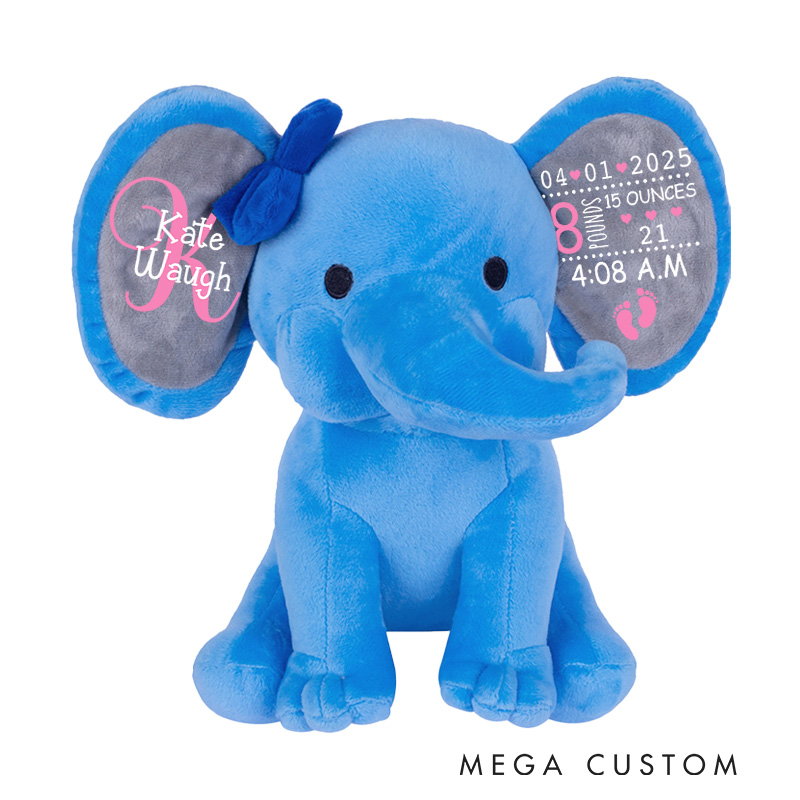 Personalized Adorable Birth Toy Highlighting with Delicate Hearts and Footprints Elephant Keepsake