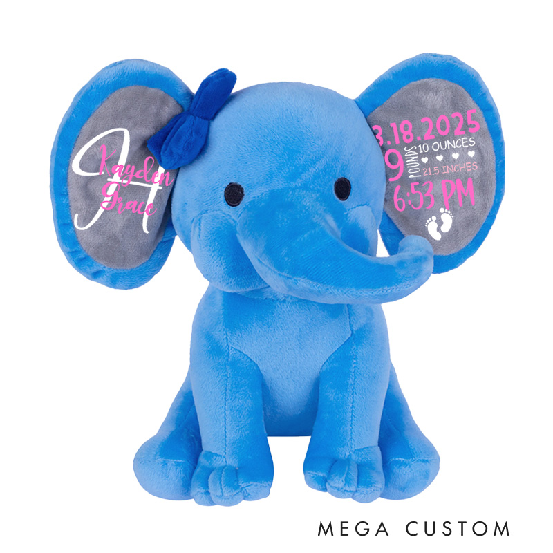 Personalized Dark Themed Elephant Toy Baby Birth Stats with Pink Highlights and Footprint Motifs Elephant Keepsake