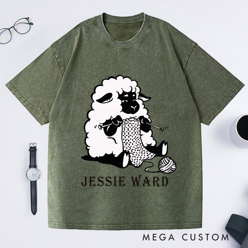 Personalized Sheep Graphic Washed T-Shirts Funny Crochet Shirts Knitting Gifts Crafter Vneck Shirts Cute Crocheting Clothing