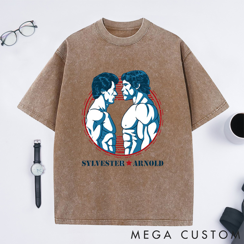 Personalized Bodybuilders Washed T-Shirts with Retro Fitness Icons Face Off for Fitness Enthusiasts Bodybuilders and Gym Lovers