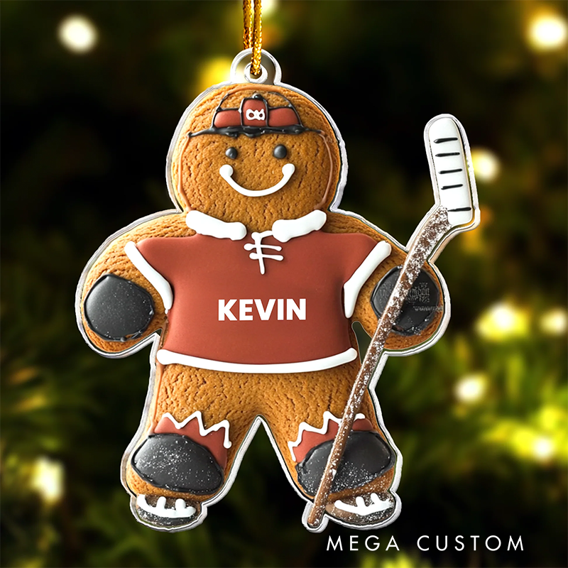 Personalized Gingerbread Hockey Player Christmas Ornament with Custom Name and Festive Design for Holiday Decorations