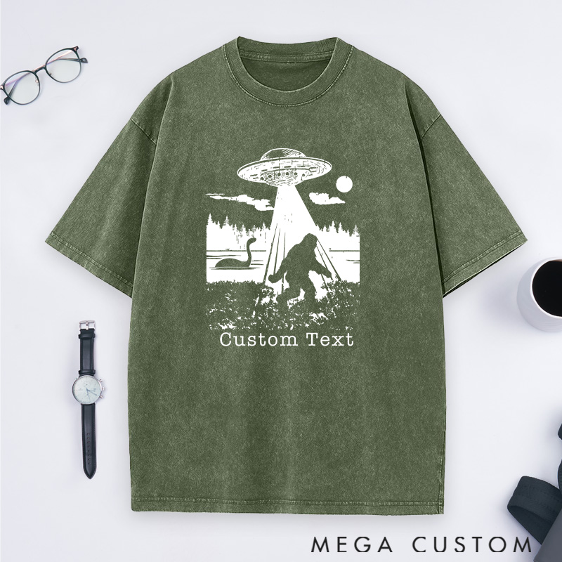 Personalized Funny Bigfoot Loch Ness Monster Alien Washed T-Shirts Gift for Hiking Camping Adventure Lovers