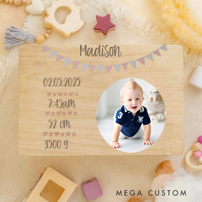 Personalized Minimalist Heart and Bunting Illustration for Storing Precious Baby Memories Keepsake Memory Box