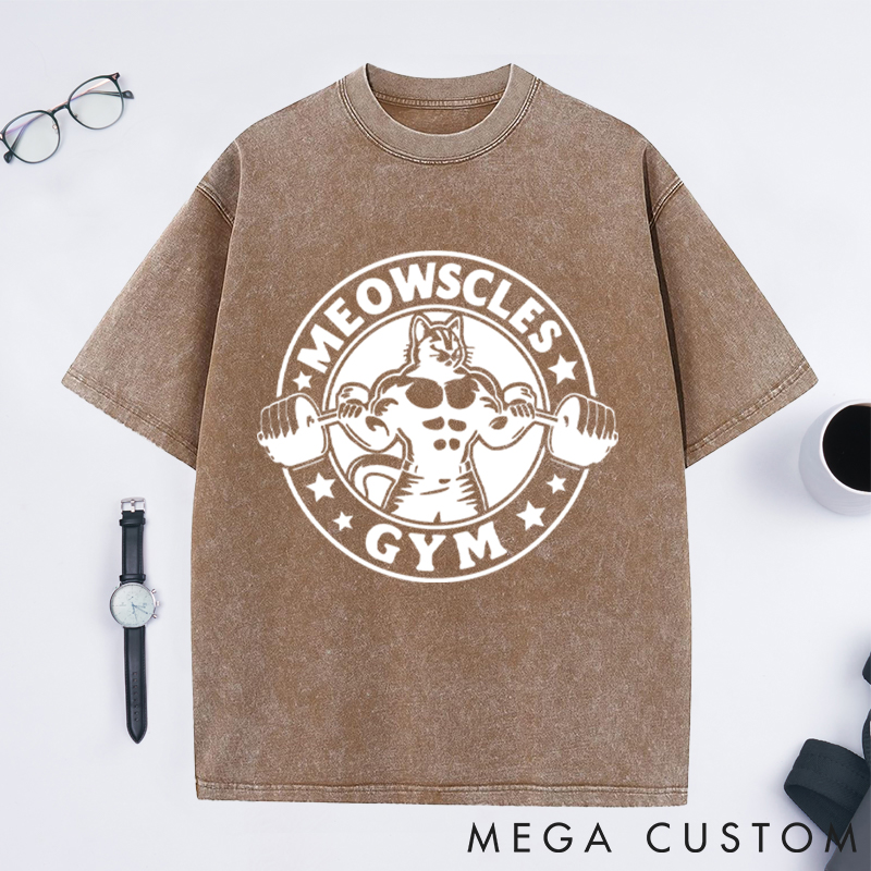 Personalized Gym Washed T-Shirts with Buff Cat Lifting Dumbbells Design for Fitness Enthusiasts Bodybuilders and Gym Lovers