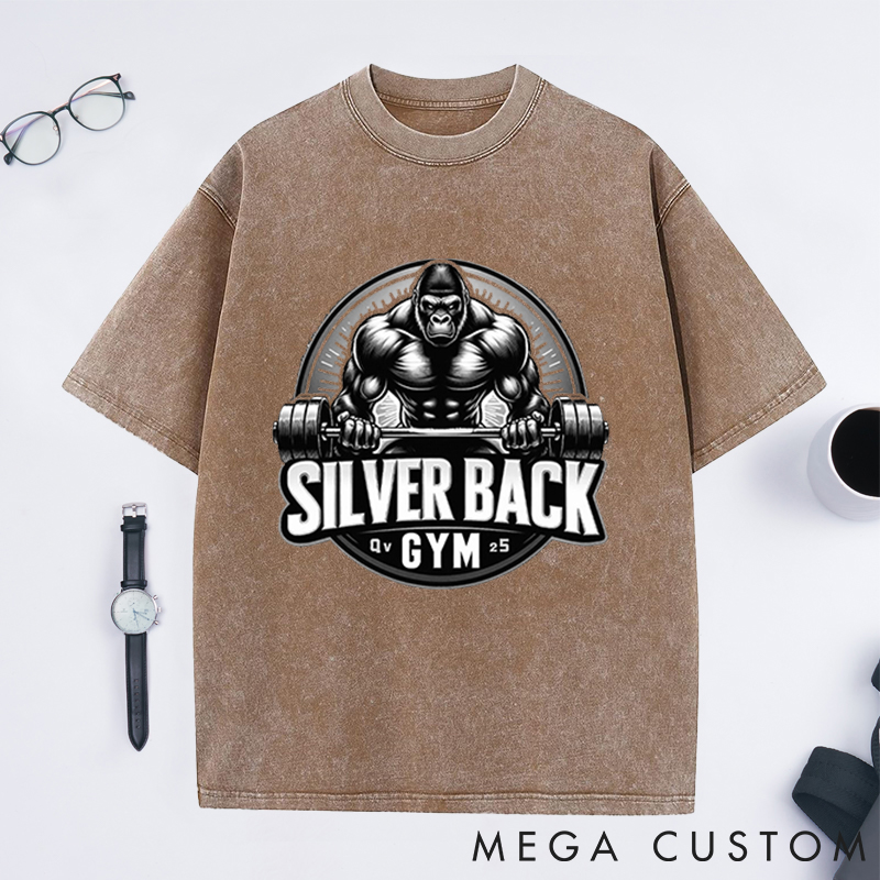 Personalized Retro Fitness Washed T-Shirts with Fierce Gorilla Lifting Barbell Design for Fitness Enthusiasts Bodybuilders and Gym Lovers
