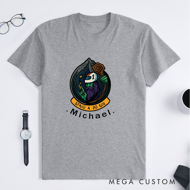 Personalized Mountain Wizard Classic T-Shirts Custom Name Magical Graphic Unisex Retro Gift Unique Hand Drawn Illustration for Men Women Friends Fans