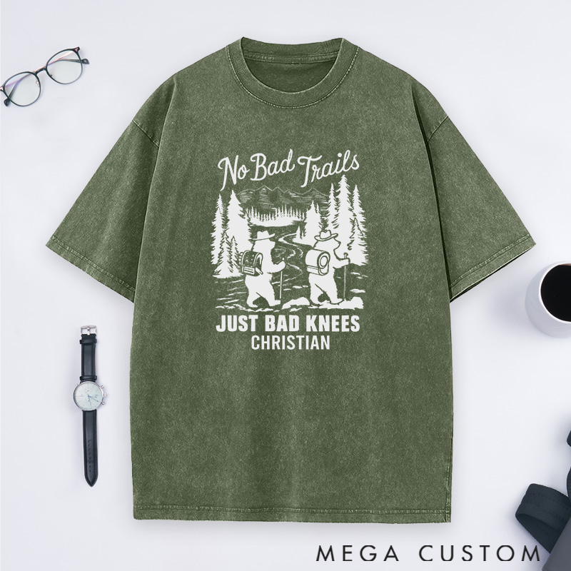 Personalized Adventure Awaits Washed T-Shirts No Bad Trails Just Bad Knees Shirts Gift Hiking Campig Outdoors Lover 