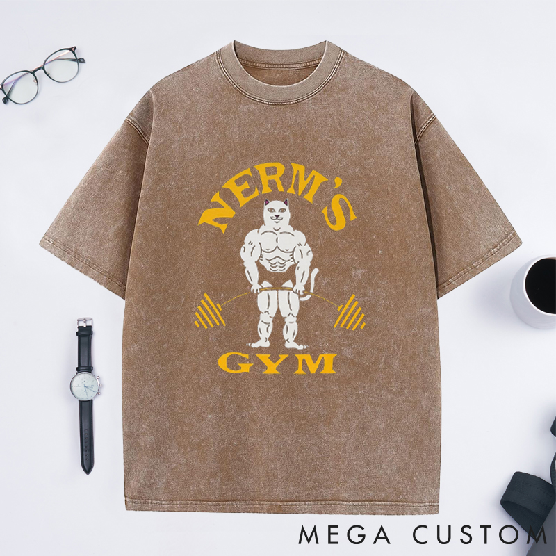 Personalized Barbell Design Washed T-Shirts with Muscular Cartoon Character for Fitness Enthusiasts Bodybuilders and Gym Lovers