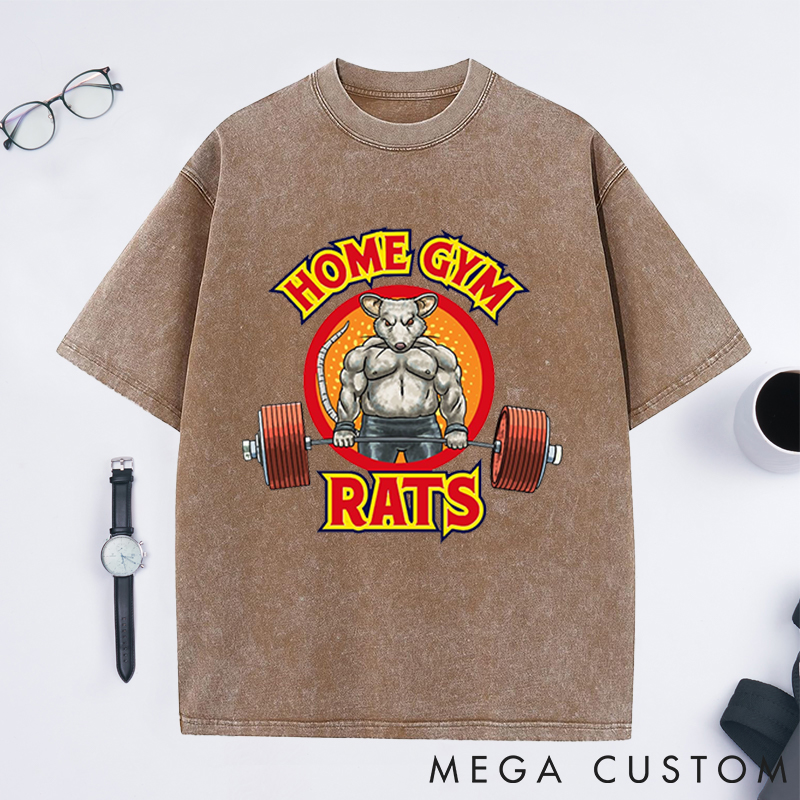 Personalized Gym Washed T-Shirts with Muscular Rat Lifting Barbell Design for Fitness Enthusiasts Bodybuilders and Gym Lovers